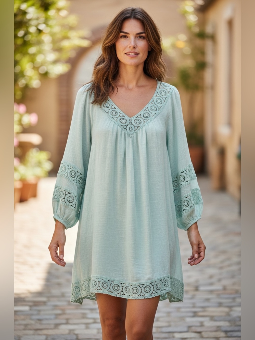 INDIGO SOUL Seafoam Green Gauzy Crochet Trim Tunic Top XL Boho Cottage Romantic